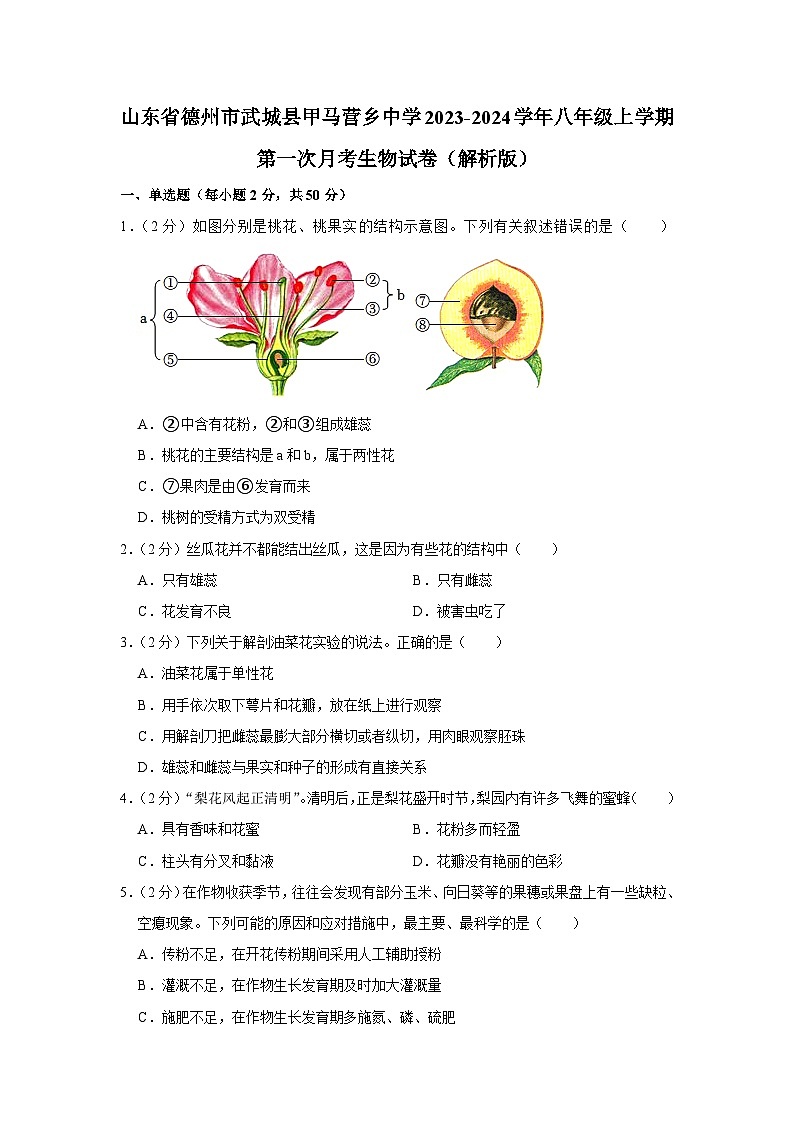 山东省德州市武城县甲马营乡中学2023-2024学年八年级上学期第一次月考生物试卷第1页