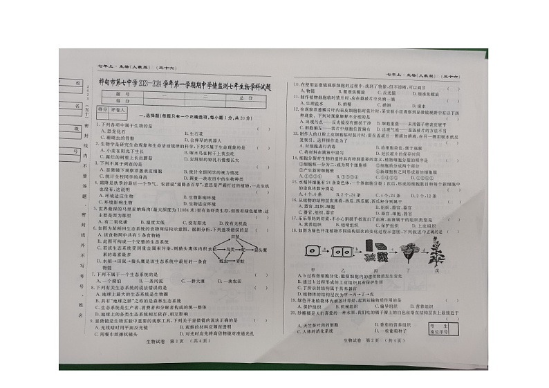 吉林省桦甸市第七中学2023-2024学年七年级上学期期中生物试卷第1页