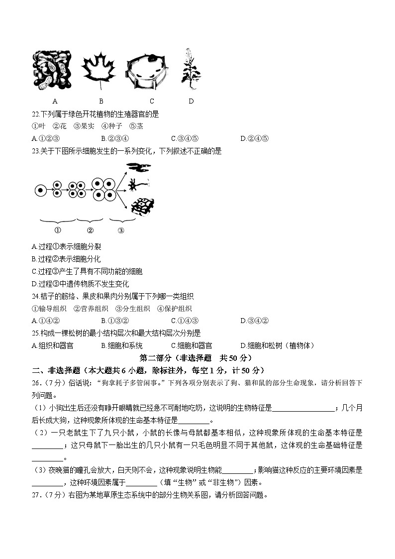 陕西省西安市莲湖区2023-2024学年七年级上学期期中生物试题第3页