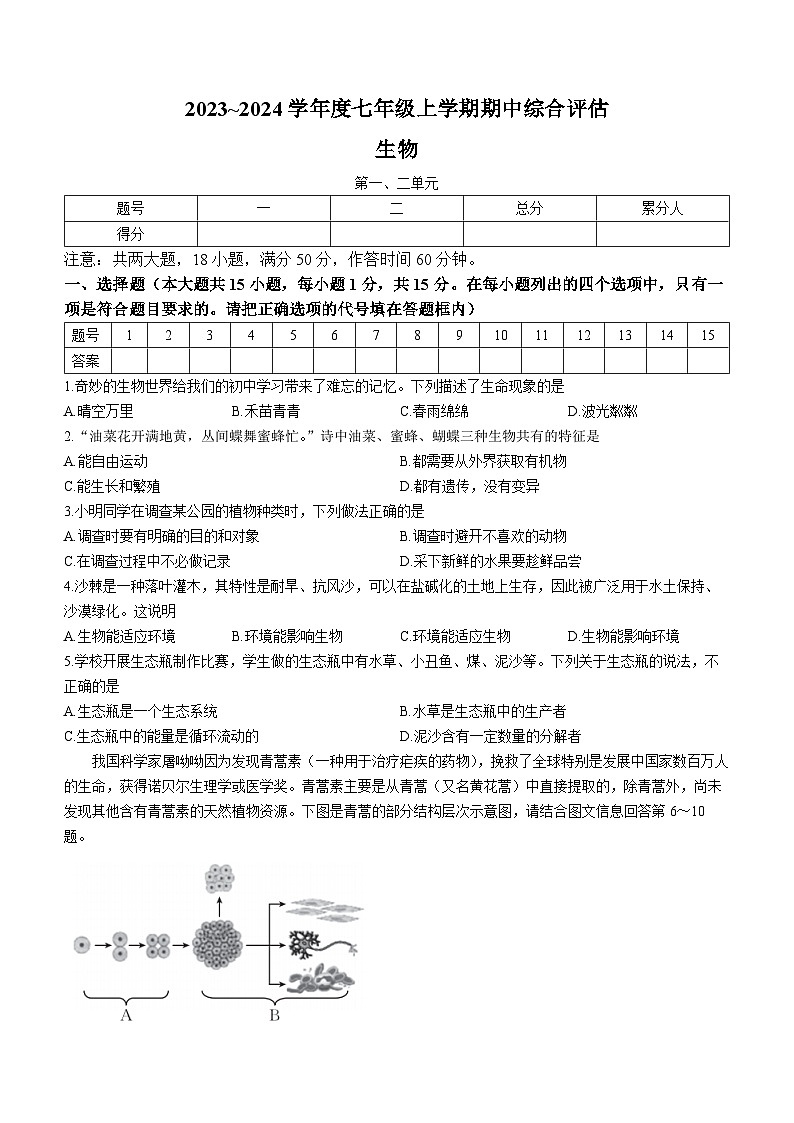 山西省晋中市多校联考2023-2024学年七年级上学期期中生物试题01