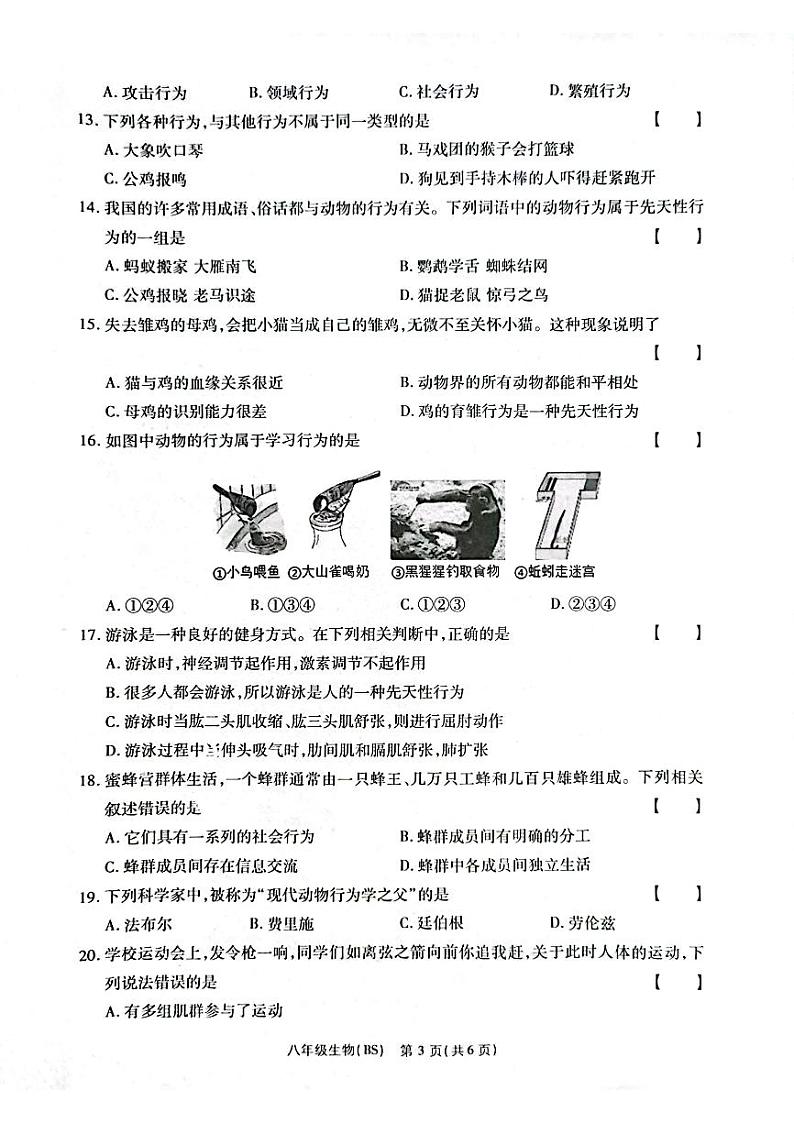河南省新乡市卫辉市2023-2024学年八年级上学期期中生物试题第3页