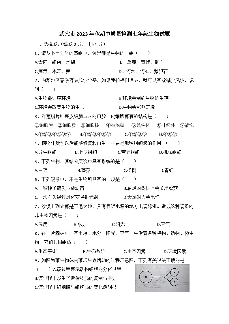 湖北省武穴市大金镇中学2023-2024学年七年级上学期期中质量检测生物试题第1页