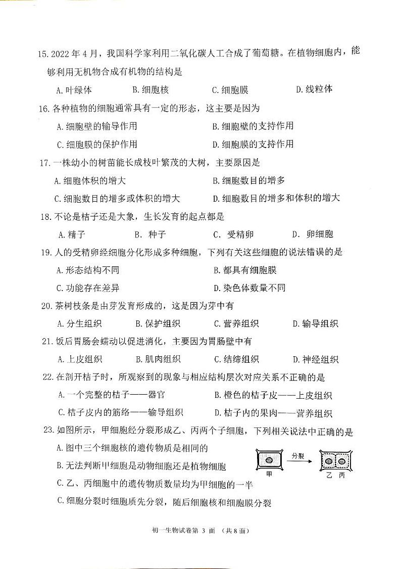 福建省泉州市南安市2023-2024学年七年级上学期期中生物试题第3页