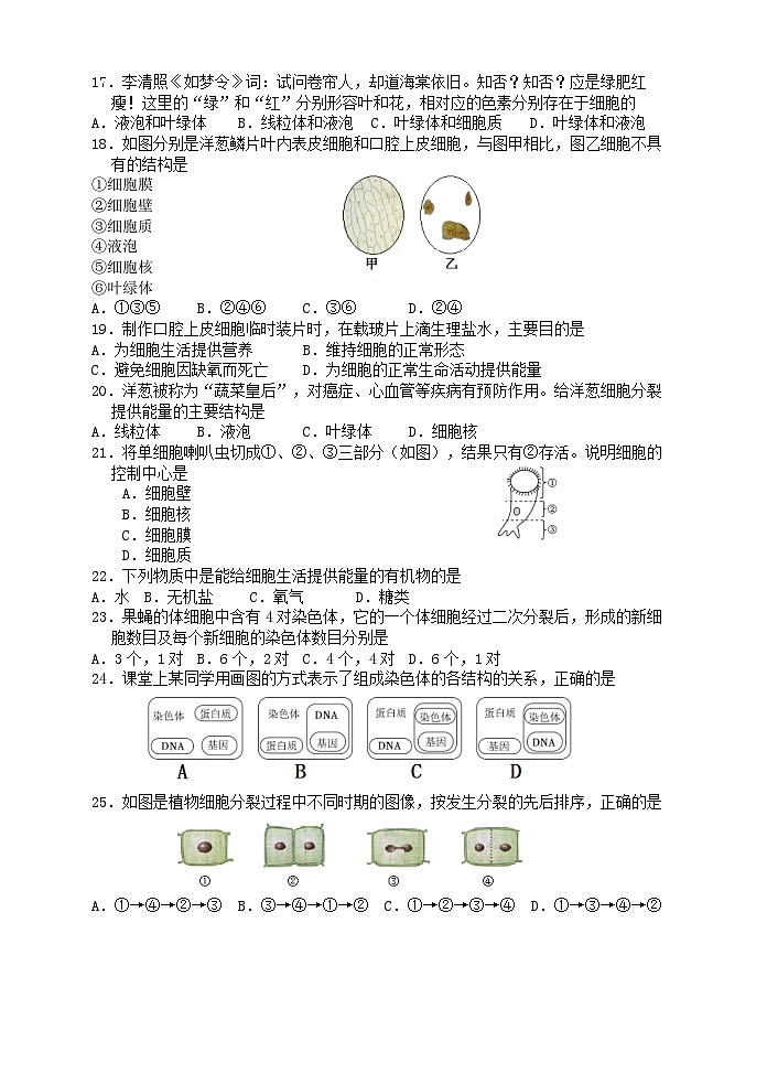 湖南省张家界市桑植县2023--2024学年七年级上学期期中考试生物测试卷03