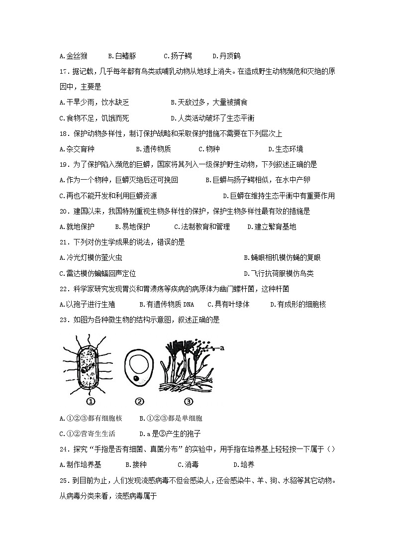 广东省清远市英德市2023-2024学年八年级上学期期中生物试题03