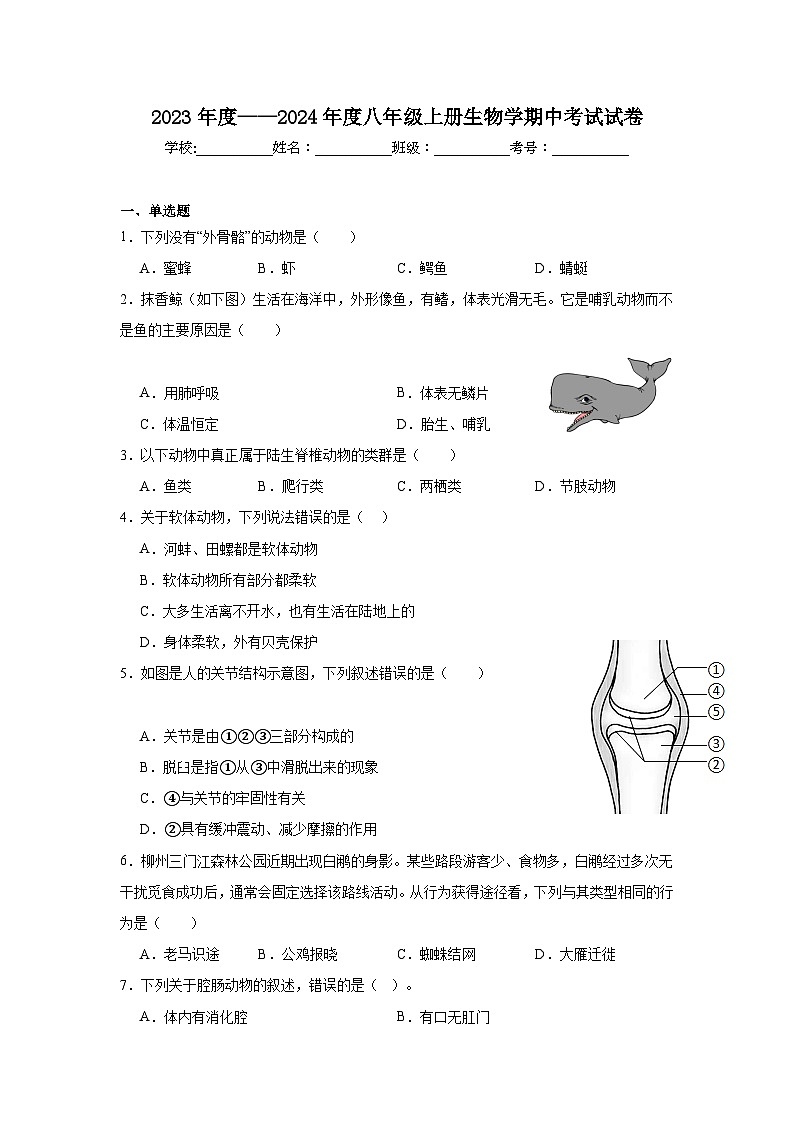 广东省深圳市宝安区振兴学校2022-2023学年八年级上学期期中考试生物试题第1页