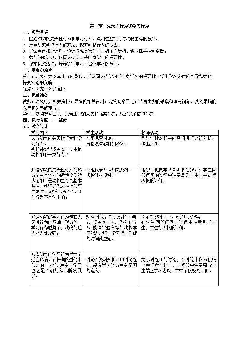 人教版生物八年级上册 第五单元第二章第二节 先天性行为和学习行为教案第1页