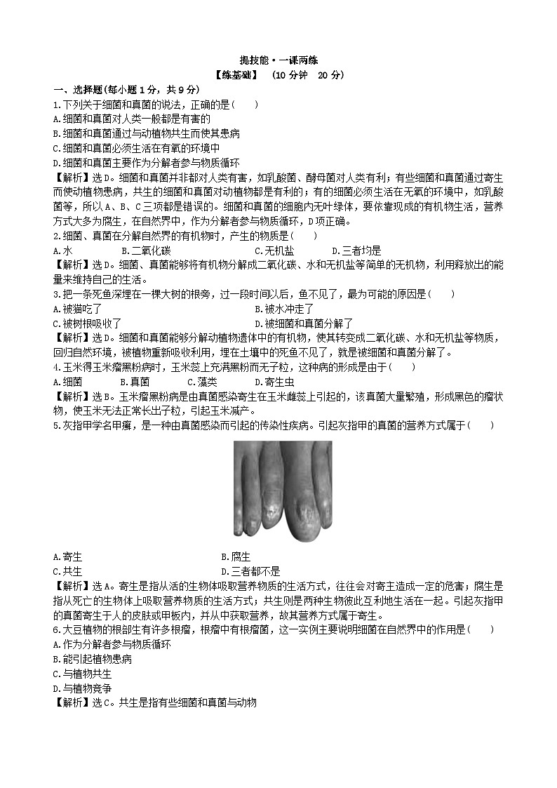 人教版生物八年级上册 5.4.4课时检测卷01