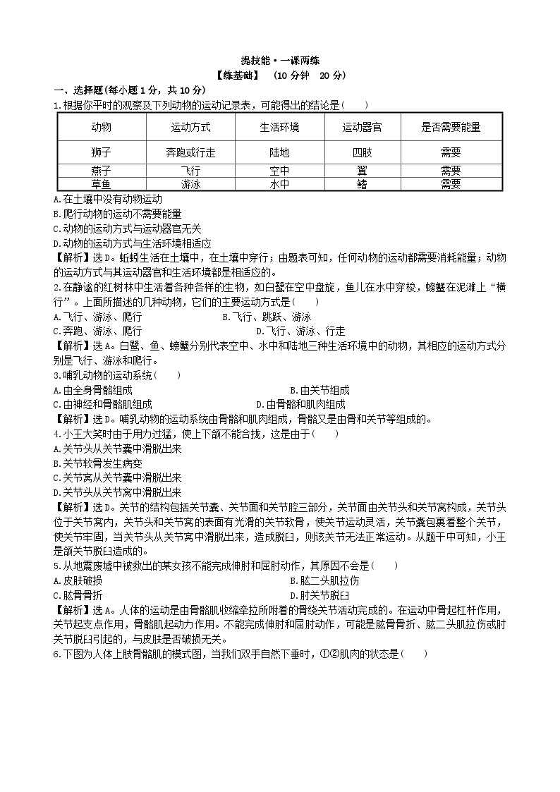 人教版生物八年级上册 5.2.1课时检测卷01