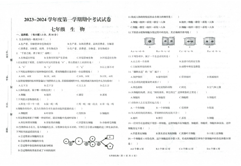 甘肃省武威市凉州区第九中学2023-2024学年七年级上学期期中生物试题01