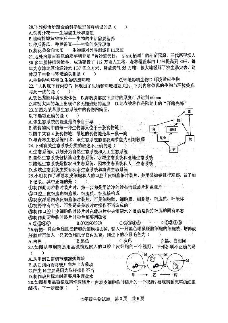 山东省日照市日照港中学2023-2024学年七年级上学期期中考试生物学试卷第3页
