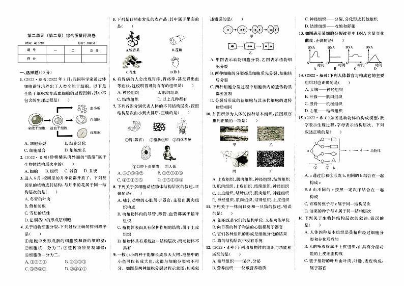 人教版版七年级上册《生物学》第二单元(第二章)综合质量评测卷B卷【含参考答案】01
