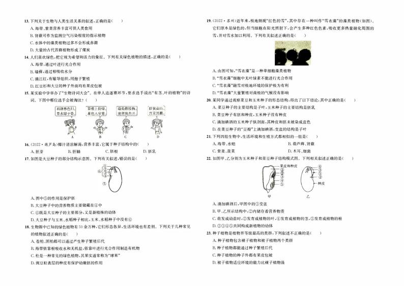 人教版版七年级上册《生物学》第三单元（第一章）综合质量评测卷【含参考答案】02