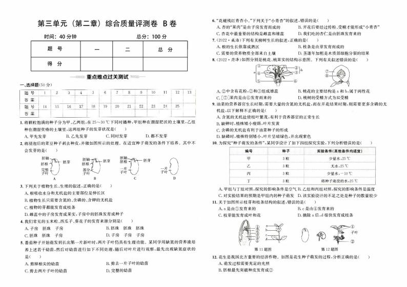 人教版版七年级上册《生物学》第三单元（第二章）综合质量评测卷B卷【含参考答案】01