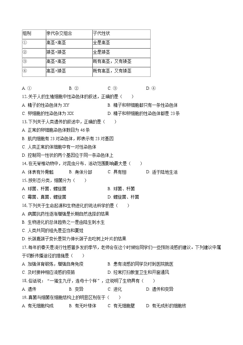 2022-2023学年黑龙江省绥化市安达市老虎岗文化中学八年级（下）期末生物试卷（含答案解析）02