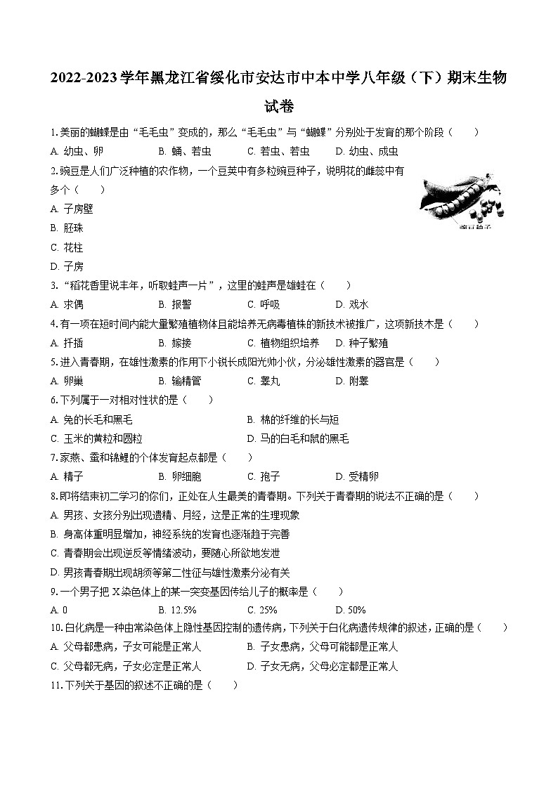 2022-2023学年黑龙江省绥化市安达市中本中学八年级(下)期末生物试卷(含答案解析)第1页