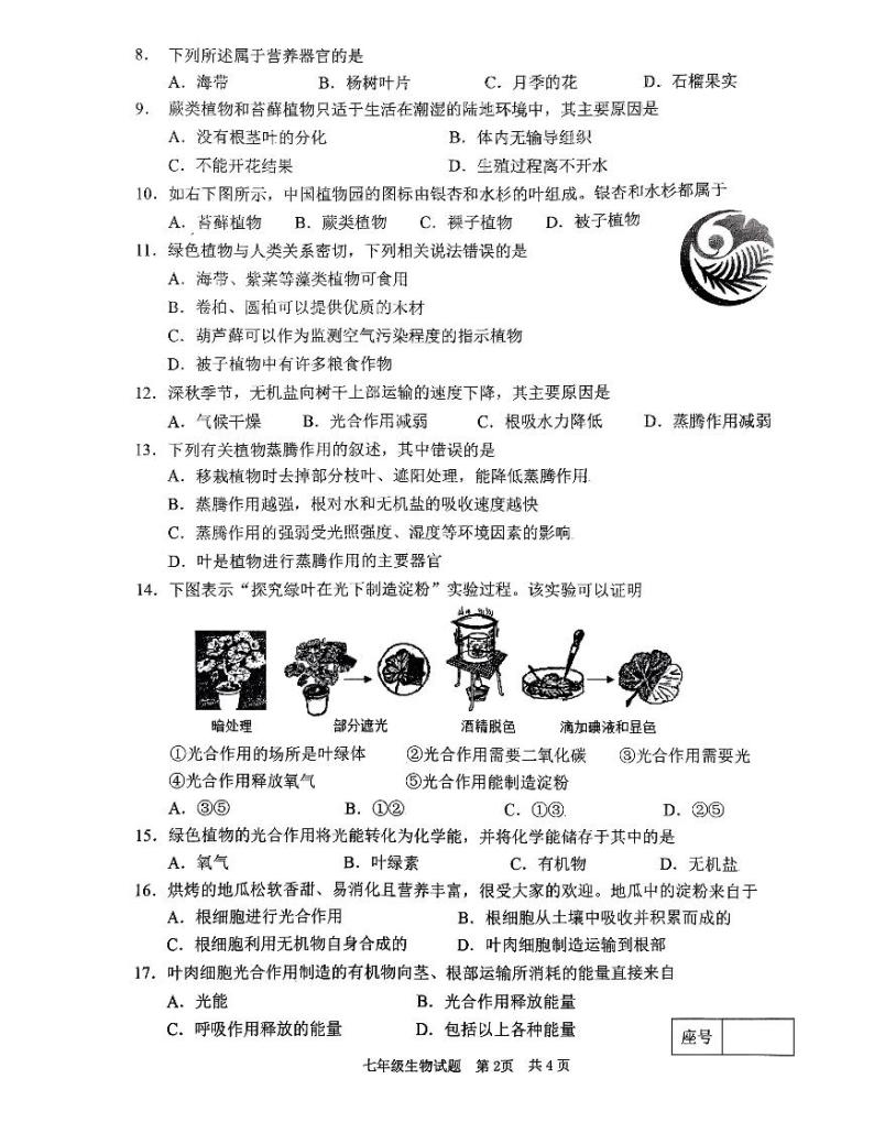 山东省枣庄市峄城区2023—2024学年七年级上学期期中质量检测生物试卷02