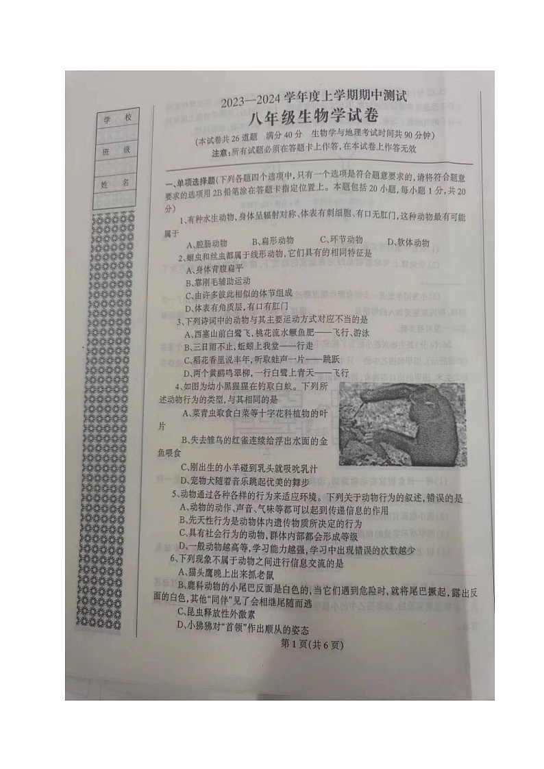 辽宁省丹东市凤城市2023-2024学年八年级上学期期中考试生物试题01