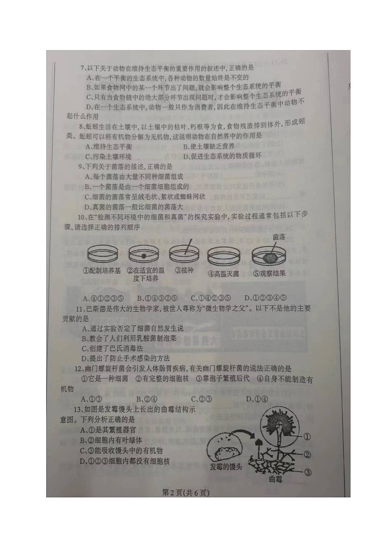辽宁省丹东市凤城市2023-2024学年八年级上学期期中考试生物试题02