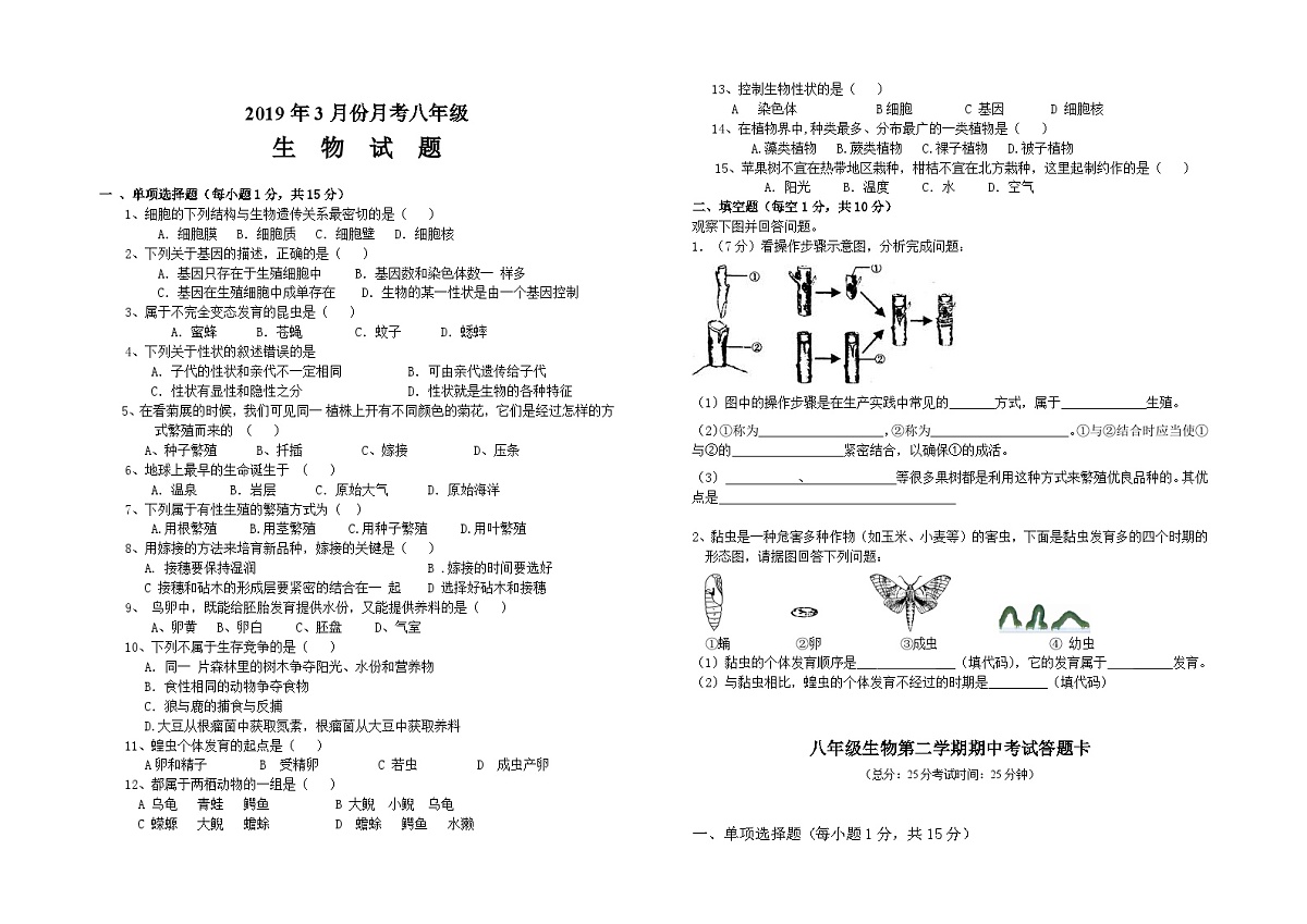 3月八年级生物月考试题及答案第1页