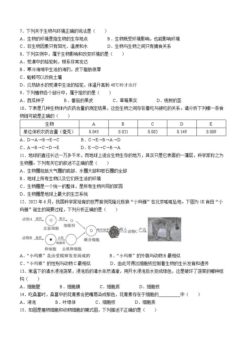 河北省石家庄市赵县2023-2024学年七年级上学期期中生物试题第2页