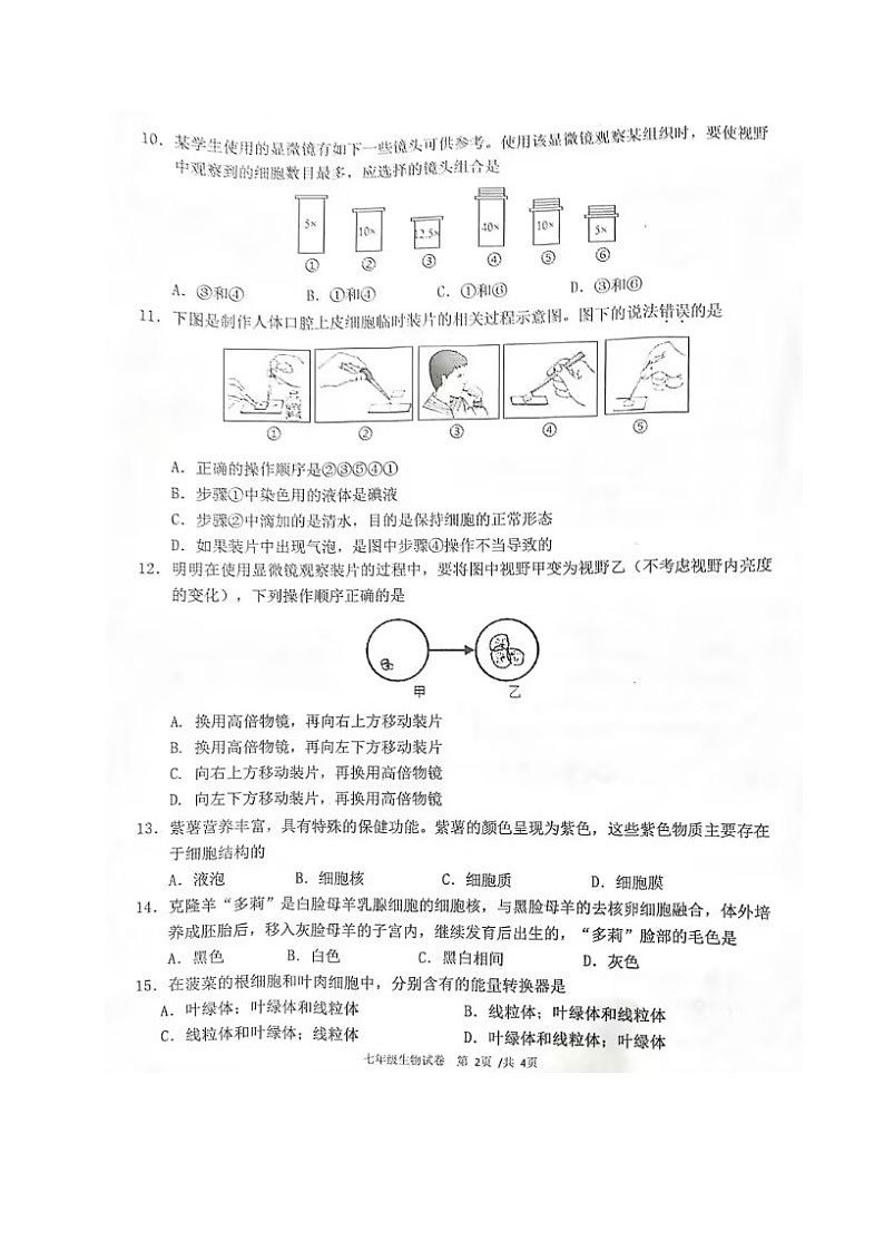 四川省宜宾市第二中学校2023-2024学年七年级上学期期中考试生物试题第2页