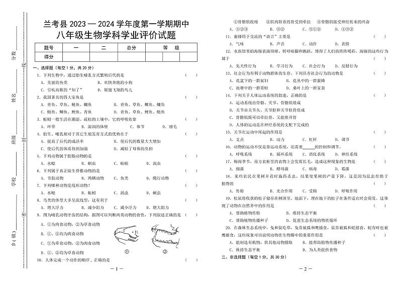 河南省开封市兰考县2023-2024学年八年级上学期期中考试生物试题01