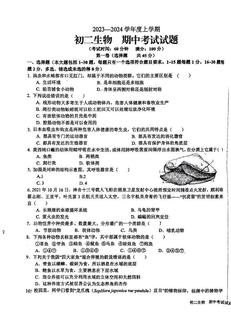 山东省日照市新营中学2023-2024学年八年级上学期期中考试生物试卷01