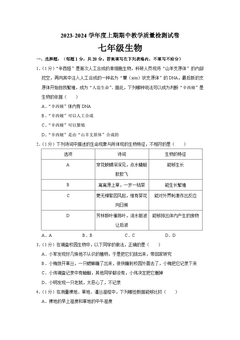 河南省漯河市郾城区2023-2024学年七年级上学期期中生物试题01