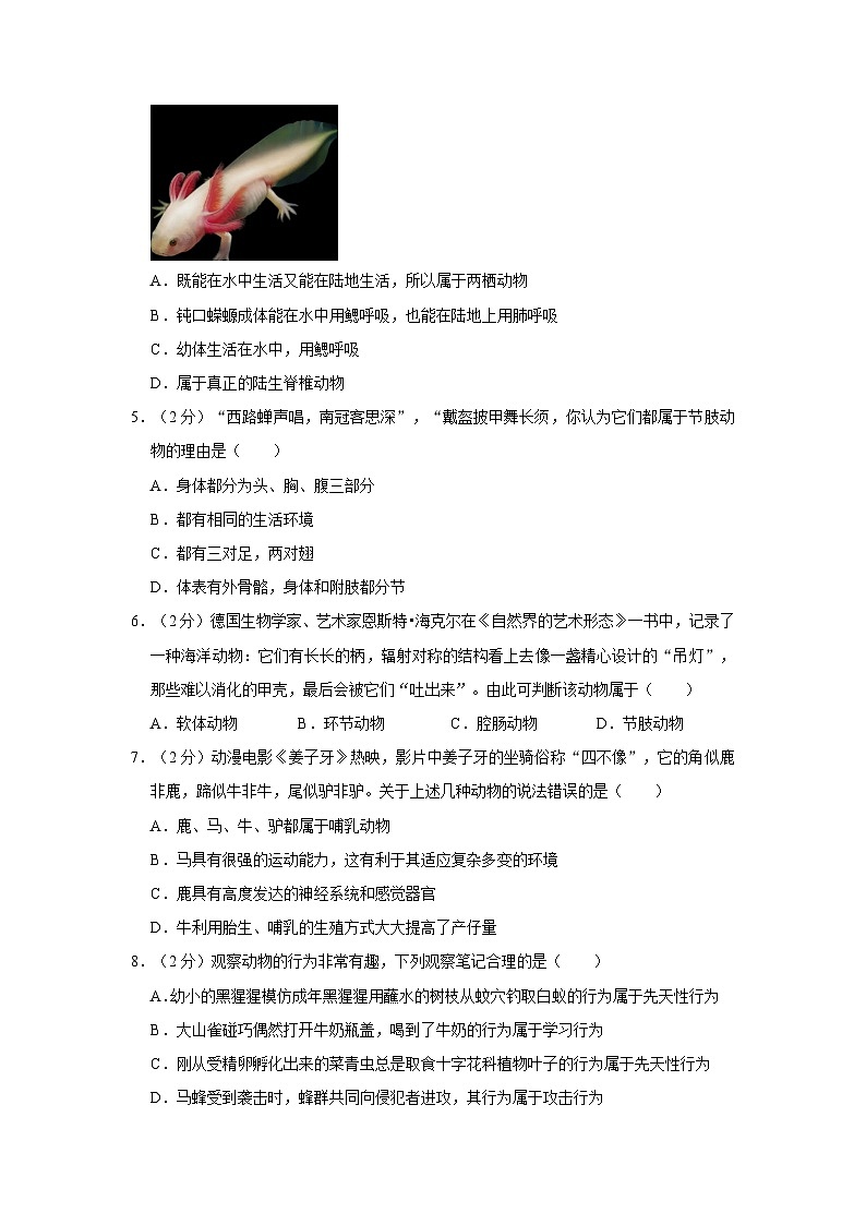 2023-2024学年山东省东营市垦利区八年级(上)期中生物试卷(五四学制)02