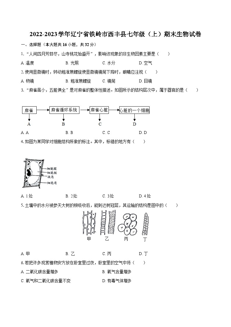 2022-2023学年辽宁省铁岭市西丰县七年级（上）期末生物试卷（含答案解析）01