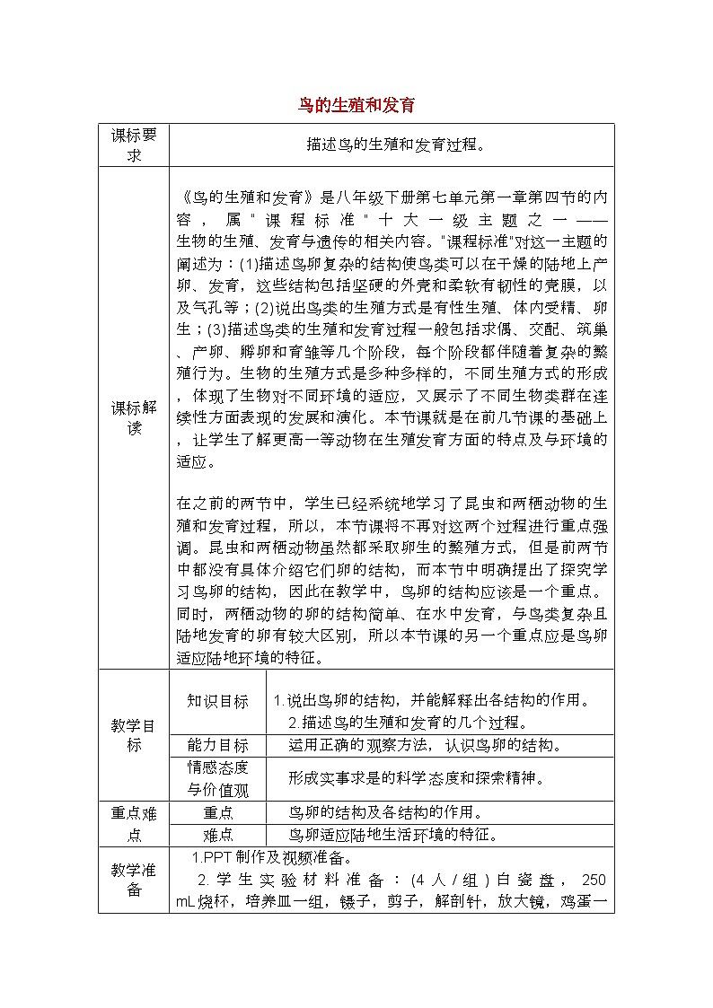 人教版生物八年級(jí)下冊(cè)7.1.4鳥(niǎo)的生殖和發(fā)育學(xué)案第1頁(yè)