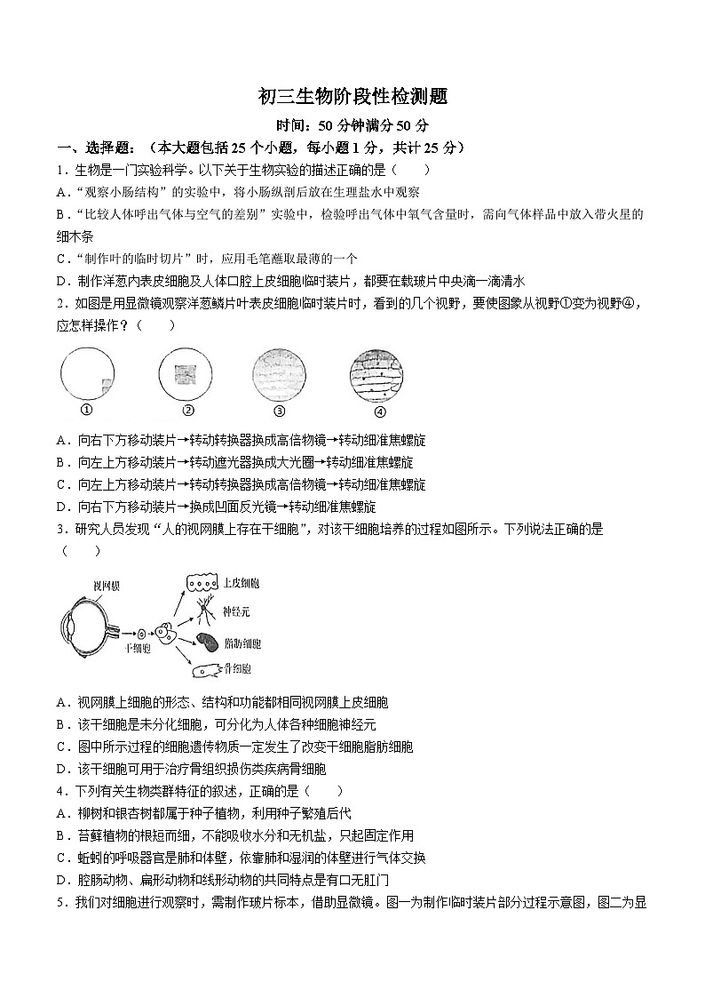 山东省菏泽市牡丹区第二十一初级中学2023-2024学年九年级上学期12月月考生物试题(无答案)第1页