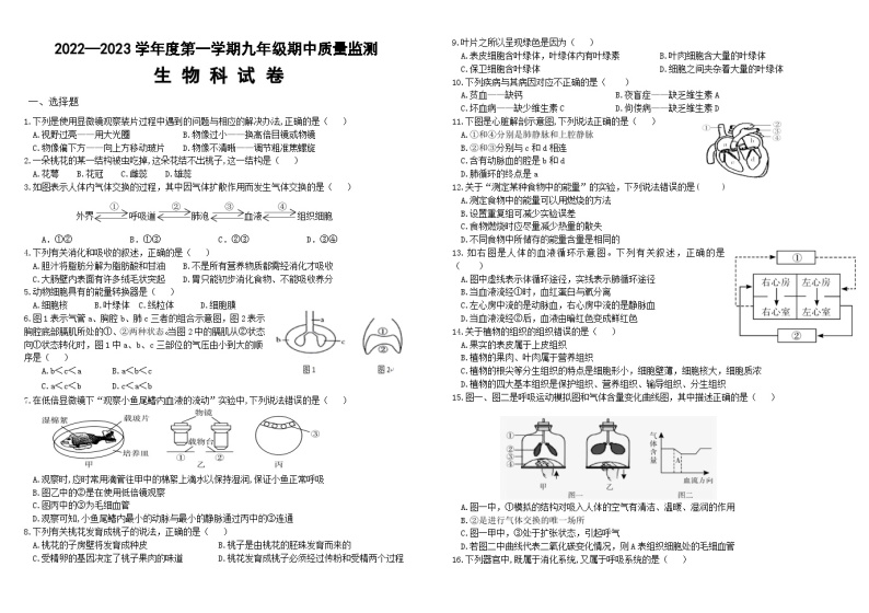 广东省揭阳市宝塔学校2022-2023学年九年级上学期生物期中质量监测试题01