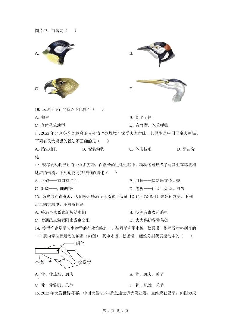 2022-2023深圳罗湖区八年级(上)期末生物试卷第2页