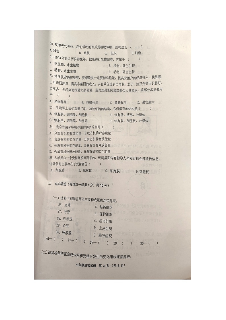 黑龙江省齐齐哈尔市依安县等4地2023-2024学年七年级上学期12月期末生物试题第3页