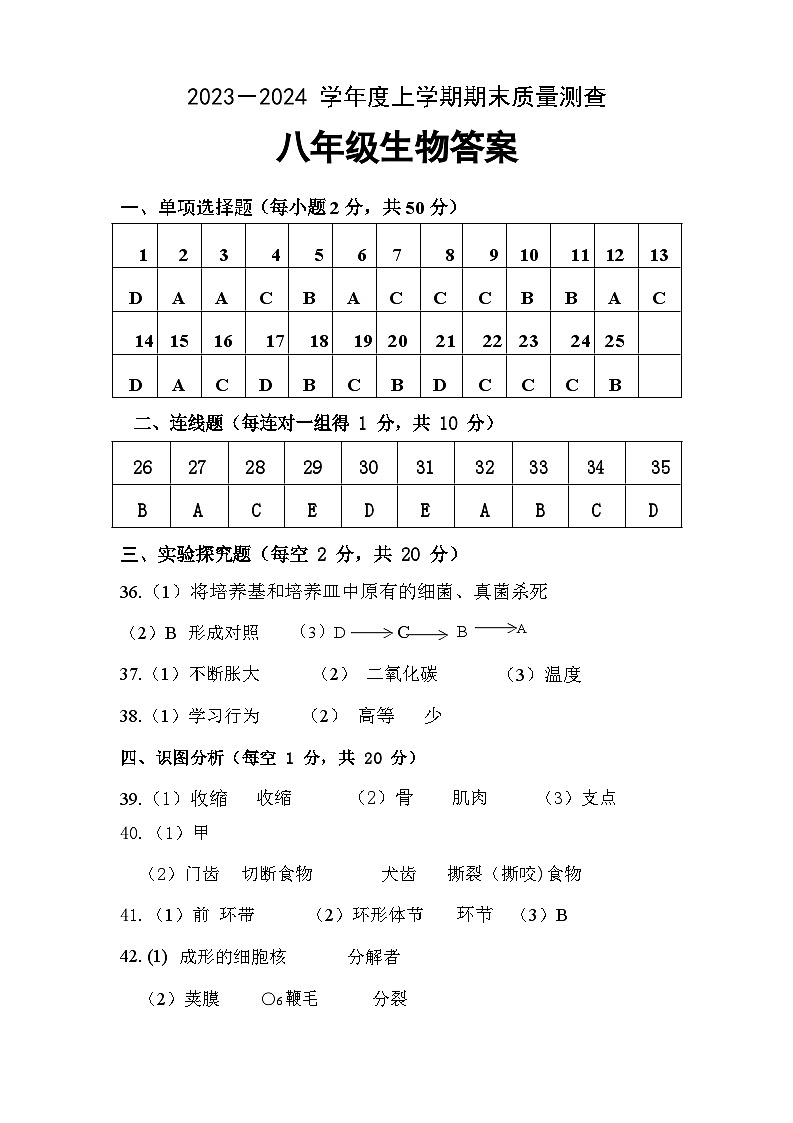2023-2024学年度上学期八年级生物试题答案第1页