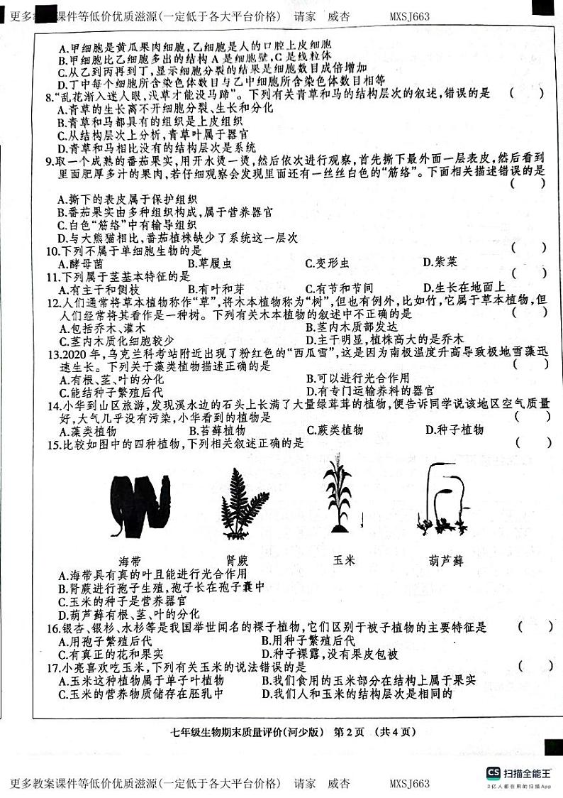 河北省衡水市景县景县第二中学2023-2024学年七年级上学期12月期末生物试题第2页