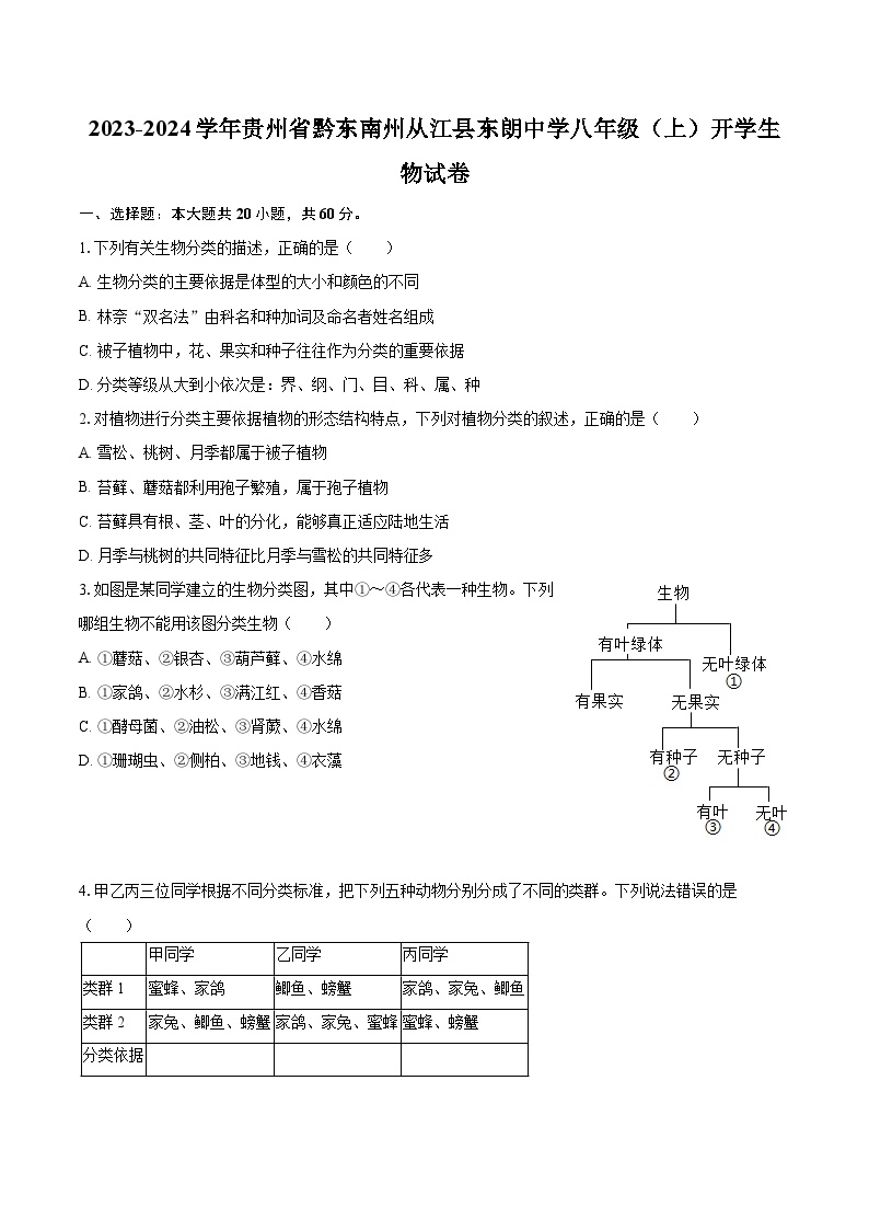 2023-2024学年贵州省黔东南州从江县东朗中学八年级（上）开学生物试卷（含解析）
