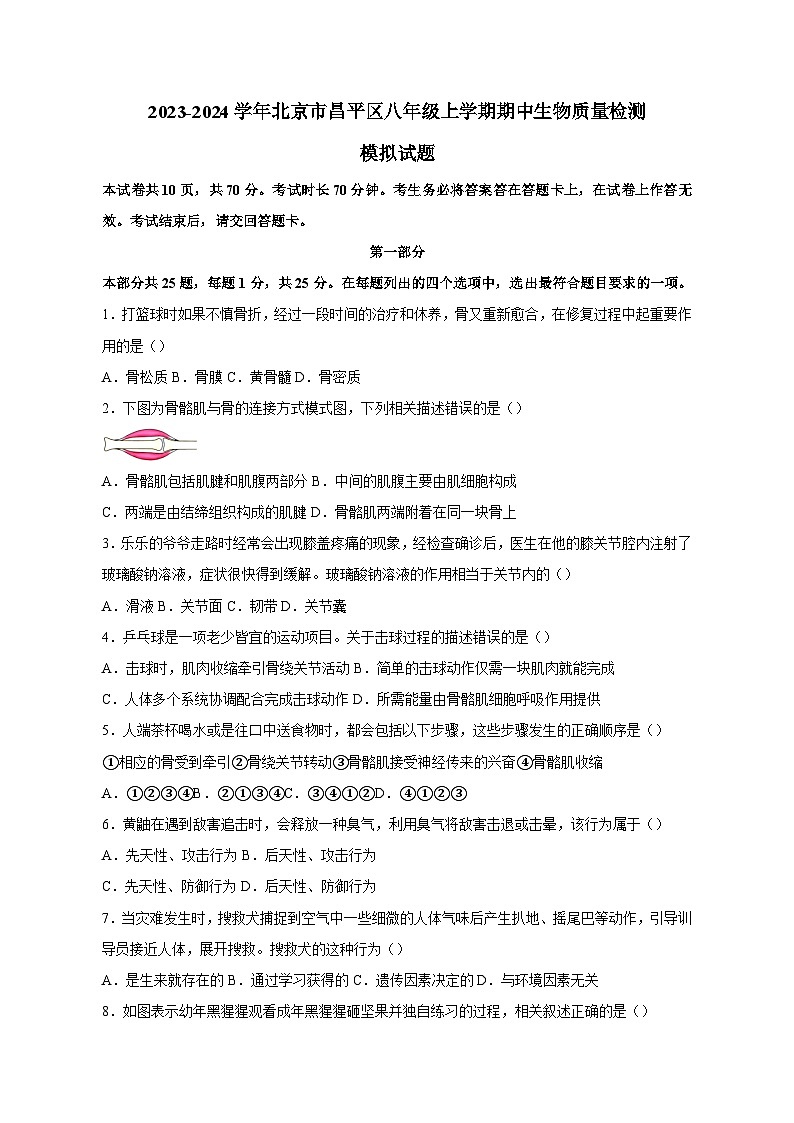 2023-2024学年北京市昌平区八年级上学期期中生物质量检测模拟试题(含答案)01
