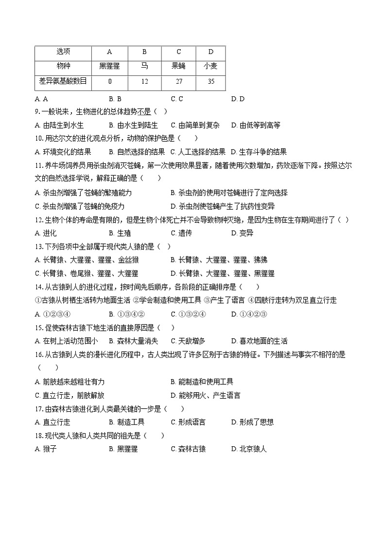 山东省武城县大屯中学2023-2024学年八年级上学期第二次月考生物试题02