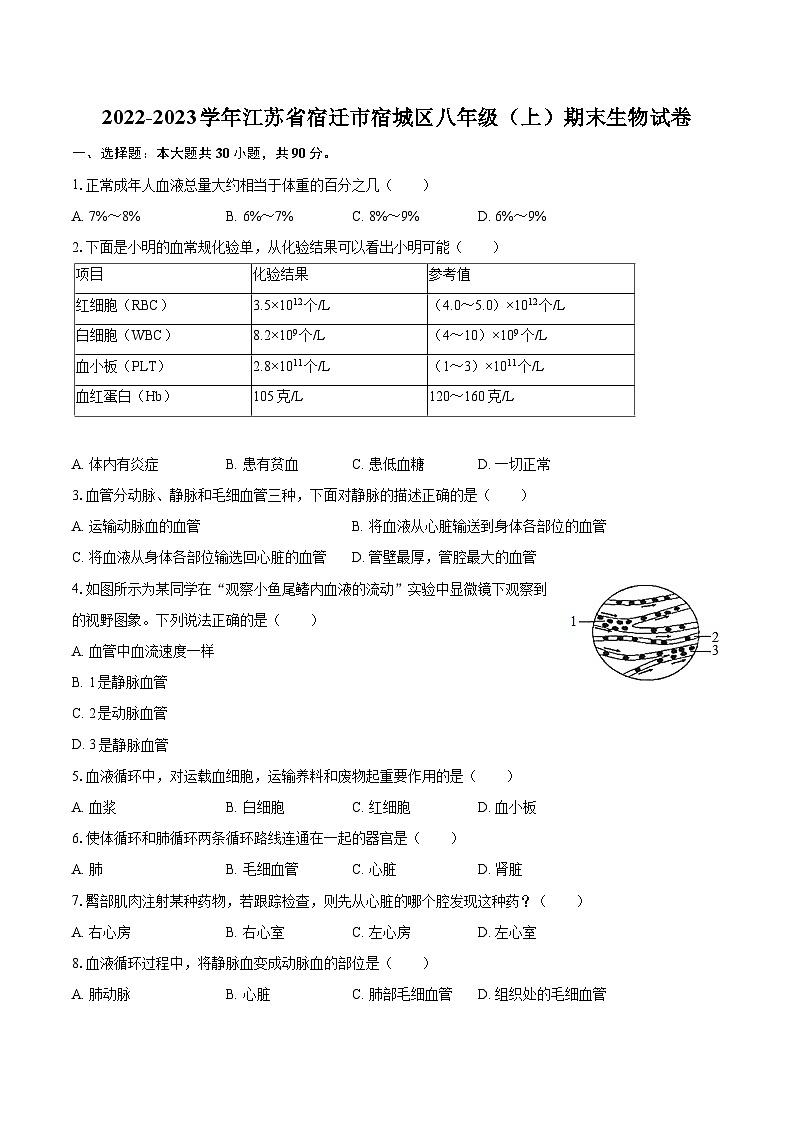 2022-2023学年江苏省宿迁市宿城区八年级(上)期末生物试卷(含详细答案解析)第1页