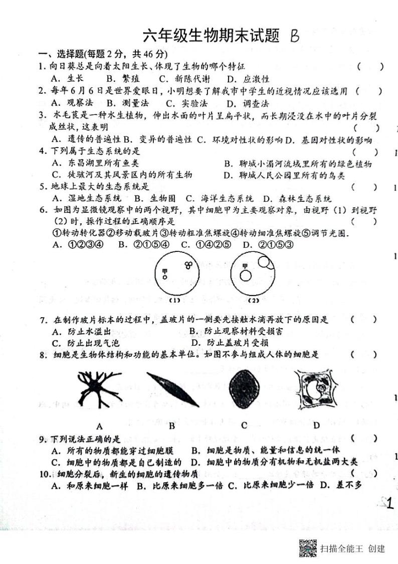 黑龙江省肇东市四站中学校2023-2024学年六年级上学期期末生物试题（无答案）01