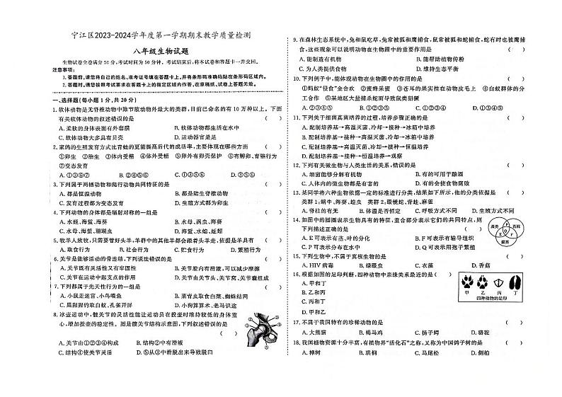 吉林省松原市宁江区2023-2024学年上学期八年级生物期末试题(图片版,含答案)第1页