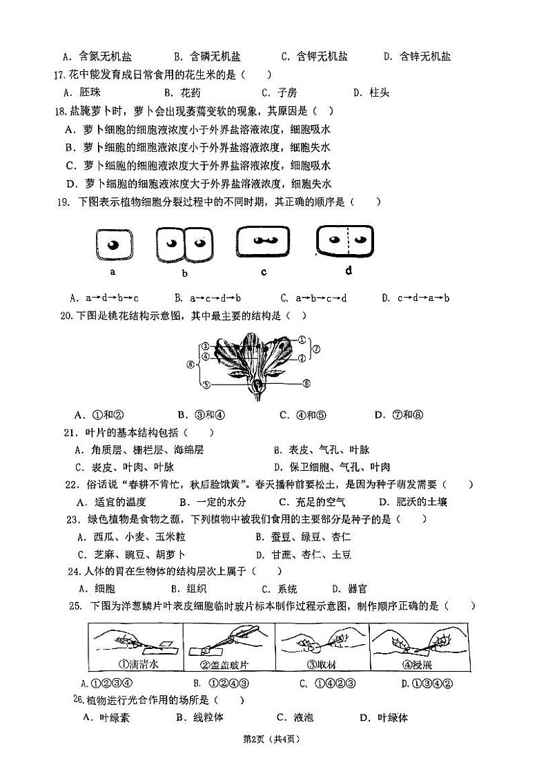 江苏省南京市鼓楼区树人中学2023-2024学年七年级上学期期末生物试卷第2页