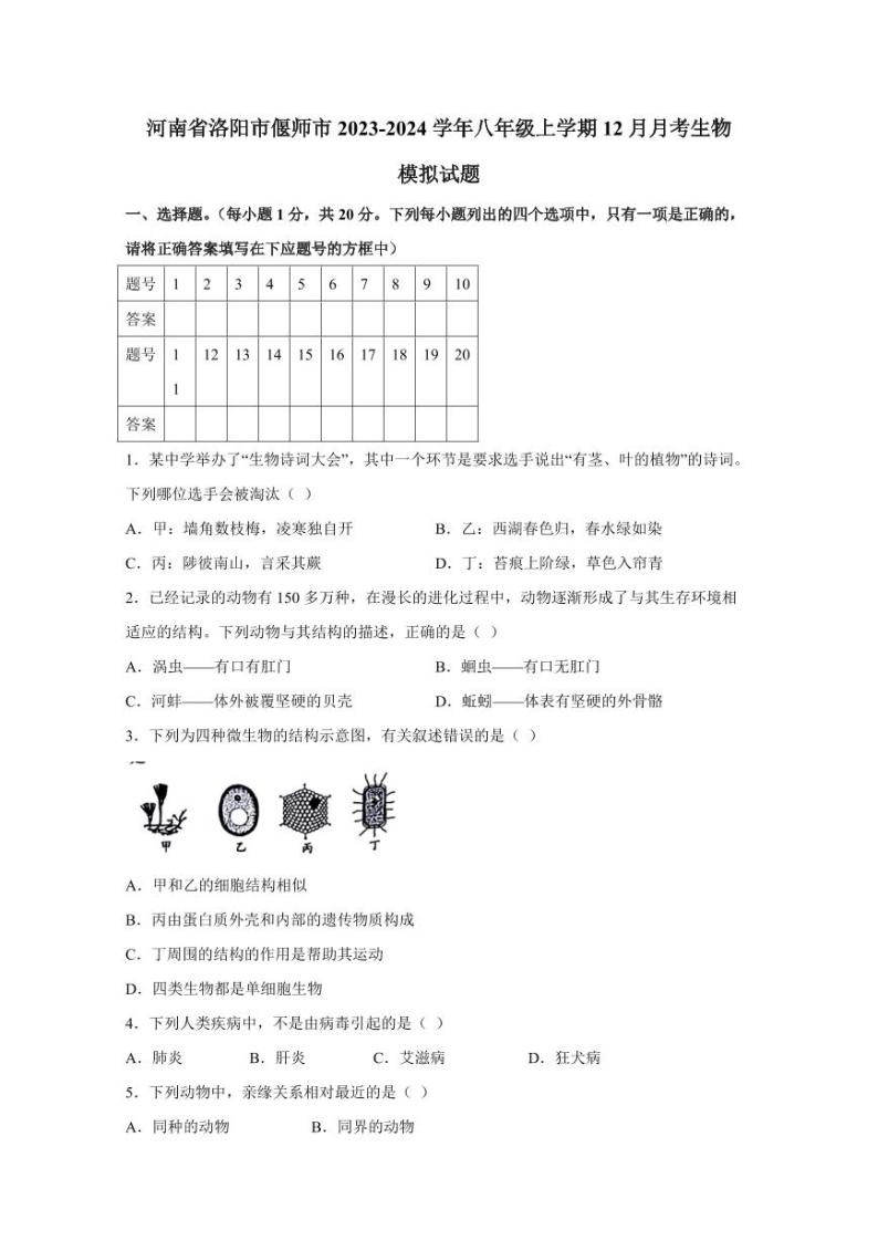 河南省洛阳市偃师市2023-2024学年八年级上学期12月月考生物模拟试题（含答案）01