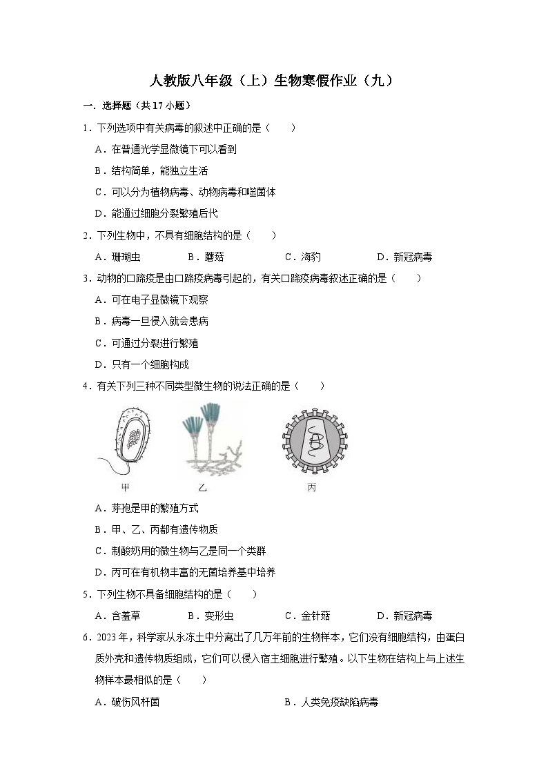 【寒假作业】2023-2024学年人教版 初中生物 八年级 寒假培优训练（九）（含解析）