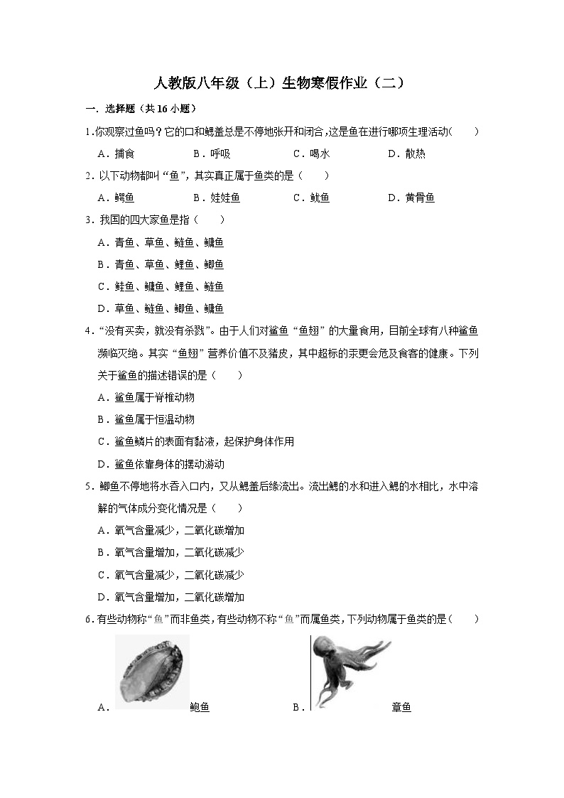 【寒假作业】2023-2024学年人教版 初中生物 八年级 寒假培优训练（二）（含解析）