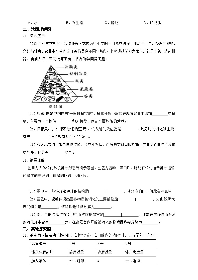 【寒假预习作业】人教版 初中生物 七年级 4.2人体的营养寒假预习检测题（含解析）-练习03