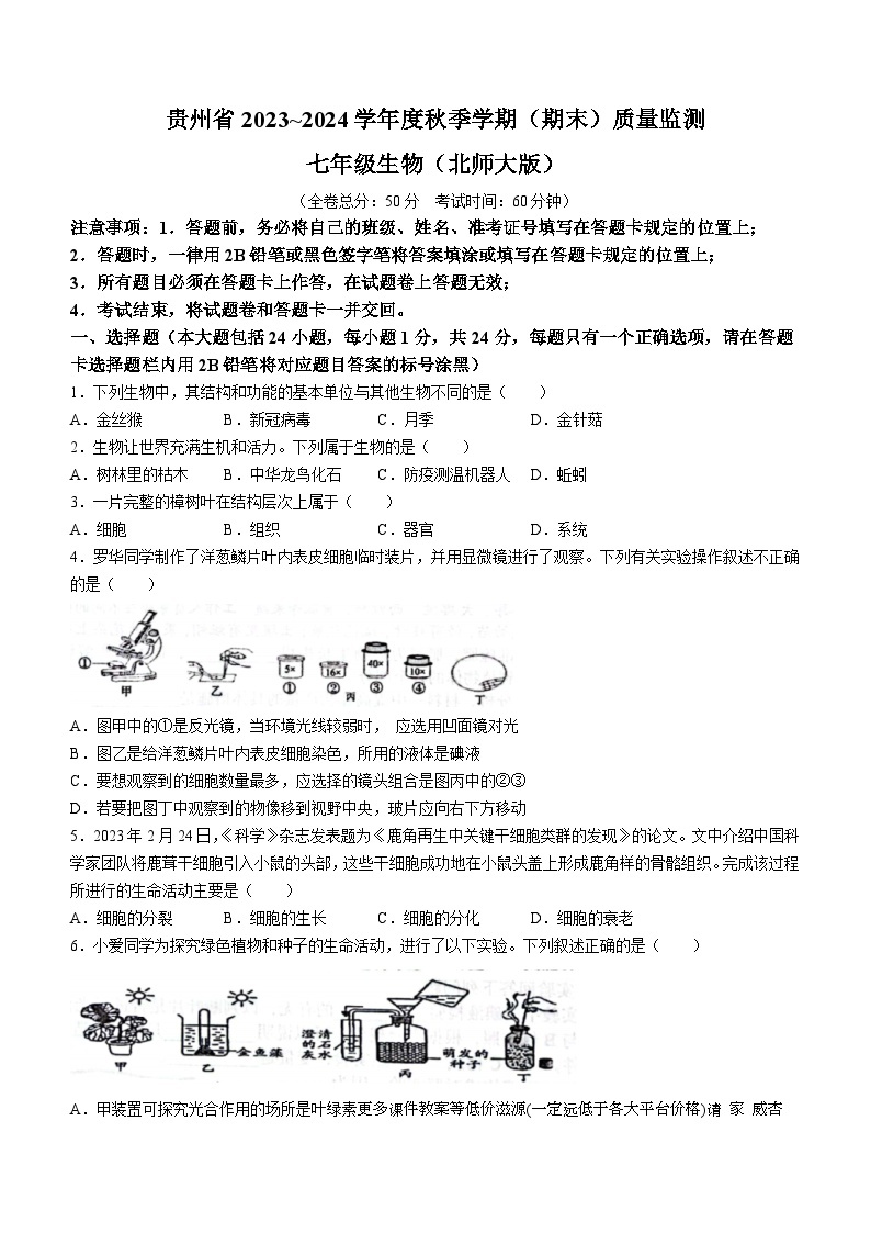贵州省遵义市十校2023-2024学年七年级上学期期末模拟联考生物试题(无答案)01